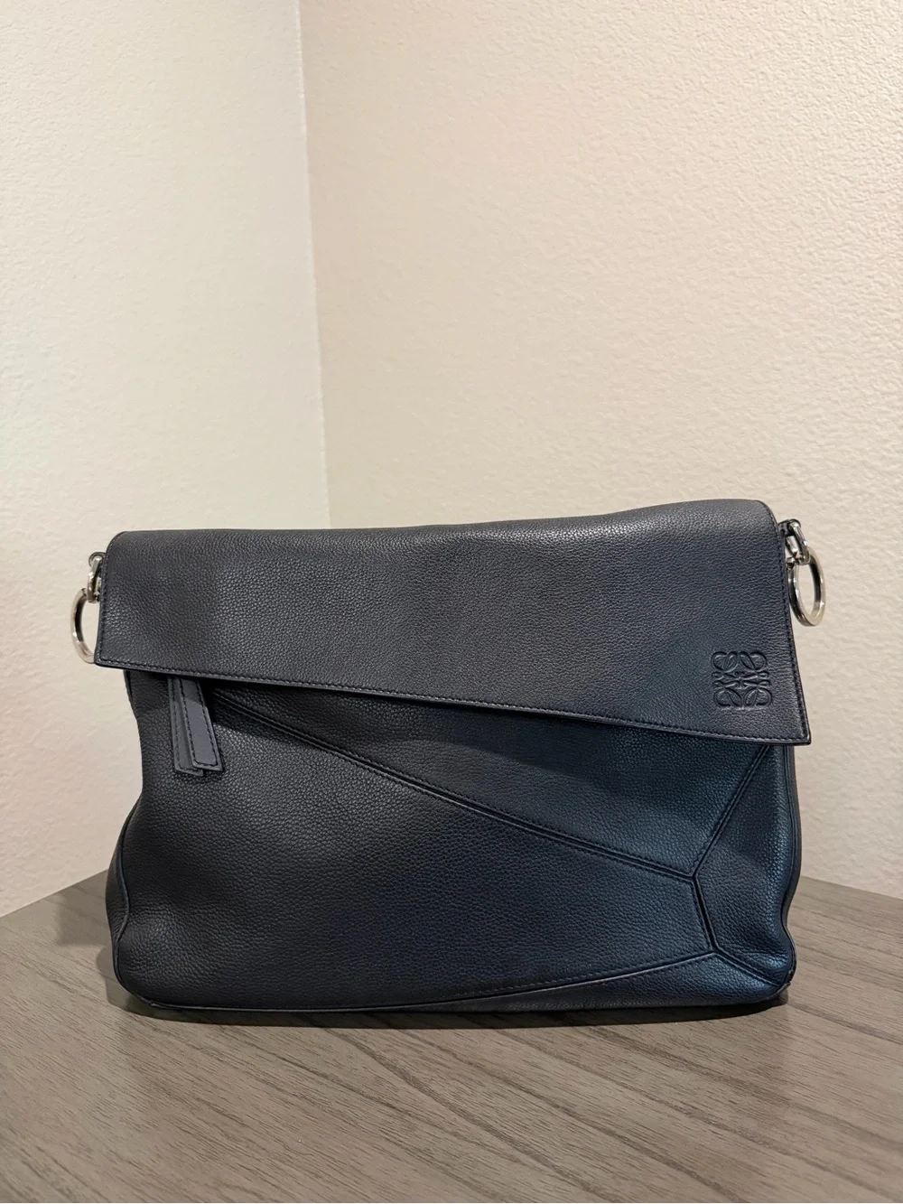 Loewe Men’s Black Leather Puzzle Flap Messenger Bag